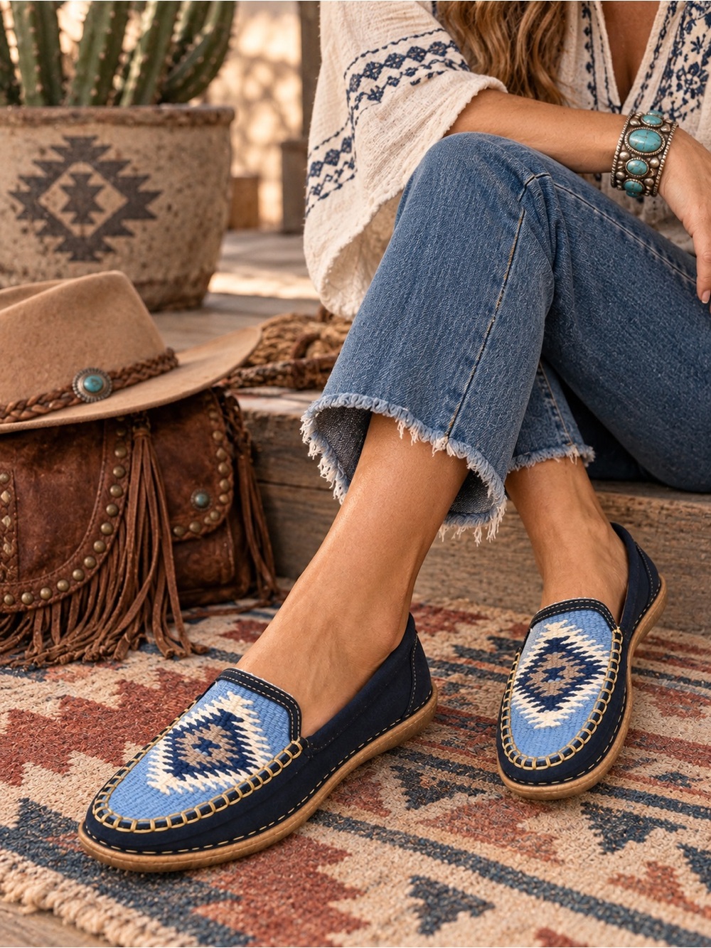 Børn Nava Embroidered Woven Loafers – Navy – Size 8 / EU 39